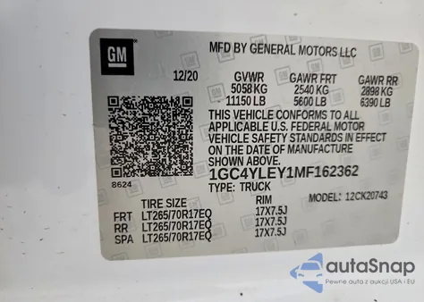 2021 Chevrolet Silverado K2500 Heavy Duty z USA, uszkodzony, nr VIN 1GC4YLEY1MF162362